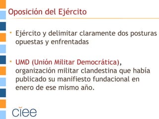 Oposición del Ejército
 Ejército y delimitar claramente dos posturas
opuestas y enfrentadas
 UMD (Unión Militar Democrática),
organización militar clandestina que había
publicado su manifiesto fundacional en
enero de ese mismo año.
 