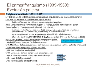 El primer franquismo (1939-1959):
Evolución política.
España durante el franquismo
El régimen totalitario (1939 – 1945)
Ley de 8 de agosto de 1939: dictar normas jurídicas sin prácticamente ningún condicionante.
SEGUNDO GOBIERNO DE FRANCO. 9 de agosto de 1939
Gobierno formado por militares con algún católico y carlista.
Hasta 1942 predominio de Alemania, auge de la Falange, cuñado Ramón Serrano Suñer.
Programa fascista (preponderancia ideológica de Falange):
Sindicatos verticales; Asociaciones de jóvenes y mujeres; sindicato de estudiantes
universitarios – SEU; Frente de juventudes y la Sección femenina.
Inmenso aparato de prensa y propaganda; adopción del saludo fascista.
17 de julio de 1942 LEY DE CORTES, 2ª Ley Fundamental. (1ª Fuero del Trabajo de 1938)
NUEVO GOBIERNO. Agosto de 1942 Falange pierde poder.
1943 Petición de la restauración de la monarquía.
1945 Manifiesto de Lausana, condena del régimen y monarquía de perfil no definido. (Don Juan)
La actitud ante la Segunda Guerra Mundial.
1939, 4 de septiembre: neutralidad.
1940, junio: Inicio de la no beligerancia (prebeligerancia)
1940, octubre: reunión de Franco – Hitler en Hendaya.
1941, envío de la División Azul.
1943, octubre: vuelta a la neutralidad.
Imagen
Imagen
Leyes fundamentales
 
