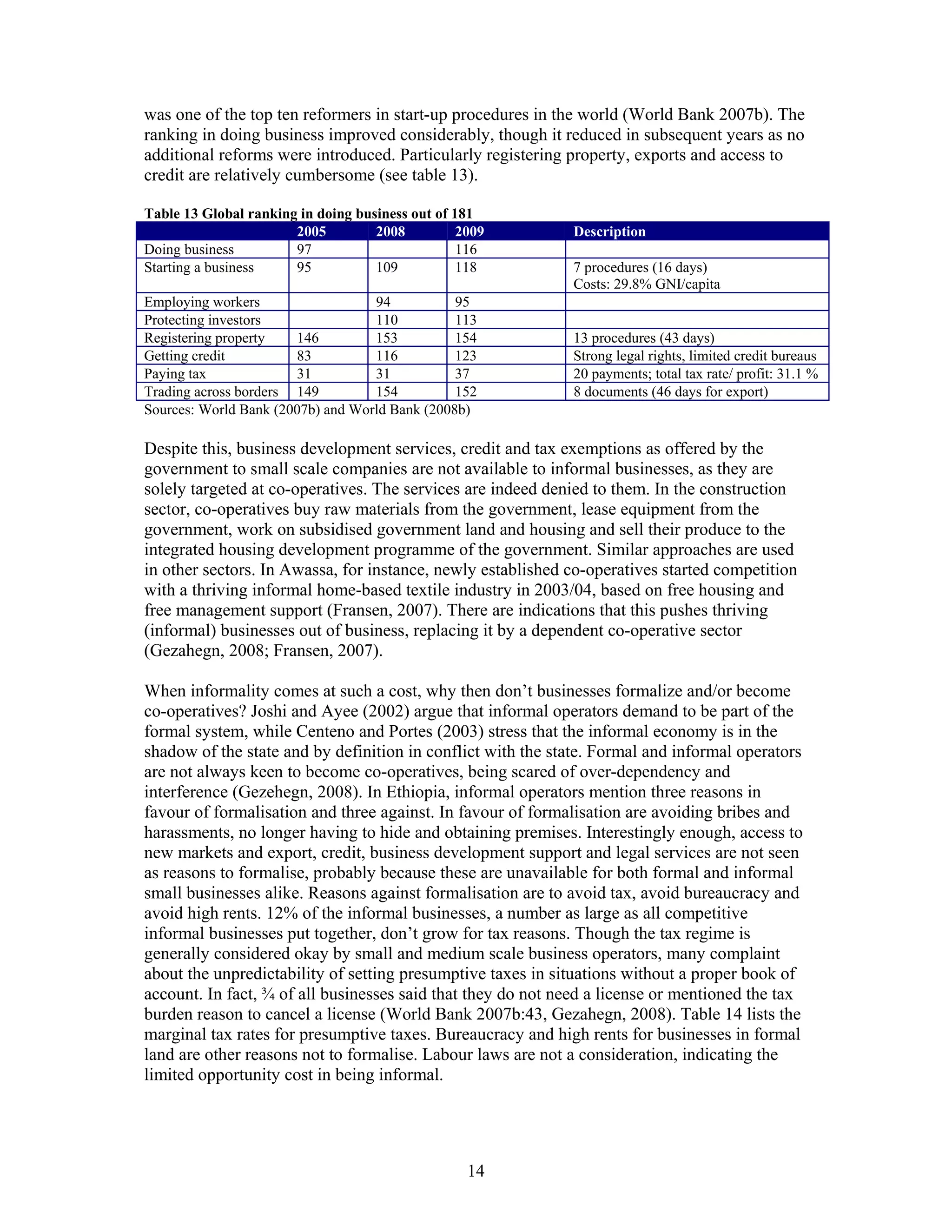 was one of the top ten reformers in start-up procedures in the world (World Bank 2007b). The
ranking in doing business improved considerably, though it reduced in subsequent years as no
additional reforms were introduced. Particularly registering property, exports and access to
credit are relatively cumbersome (see table 13).

Table 13 Global ranking in doing business out of 181
                       2005         2008          2009       Description
Doing business         97                         116
Starting a business    95           109           118        7 procedures (16 days)
                                                             Costs: 29.8% GNI/capita
Employing workers                  94           95
Protecting investors               110          113
Registering property   146         153          154          13 procedures (43 days)
Getting credit         83          116          123          Strong legal rights, limited credit bureaus
Paying tax             31          31           37           20 payments; total tax rate/ profit: 31.1 %
Trading across borders 149         154          152          8 documents (46 days for export)
Sources: World Bank (2007b) and World Bank (2008b)

Despite this, business development services, credit and tax exemptions as offered by the
government to small scale companies are not available to informal businesses, as they are
solely targeted at co-operatives. The services are indeed denied to them. In the construction
sector, co-operatives buy raw materials from the government, lease equipment from the
government, work on subsidised government land and housing and sell their produce to the
integrated housing development programme of the government. Similar approaches are used
in other sectors. In Awassa, for instance, newly established co-operatives started competition
with a thriving informal home-based textile industry in 2003/04, based on free housing and
free management support (Fransen, 2007). There are indications that this pushes thriving
(informal) businesses out of business, replacing it by a dependent co-operative sector
(Gezahegn, 2008; Fransen, 2007).

When informality comes at such a cost, why then don’t businesses formalize and/or become
co-operatives? Joshi and Ayee (2002) argue that informal operators demand to be part of the
formal system, while Centeno and Portes (2003) stress that the informal economy is in the
shadow of the state and by definition in conflict with the state. Formal and informal operators
are not always keen to become co-operatives, being scared of over-dependency and
interference (Gezehegn, 2008). In Ethiopia, informal operators mention three reasons in
favour of formalisation and three against. In favour of formalisation are avoiding bribes and
harassments, no longer having to hide and obtaining premises. Interestingly enough, access to
new markets and export, credit, business development support and legal services are not seen
as reasons to formalise, probably because these are unavailable for both formal and informal
small businesses alike. Reasons against formalisation are to avoid tax, avoid bureaucracy and
avoid high rents. 12% of the informal businesses, a number as large as all competitive
informal businesses put together, don’t grow for tax reasons. Though the tax regime is
generally considered okay by small and medium scale business operators, many complaint
about the unpredictability of setting presumptive taxes in situations without a proper book of
account. In fact, ¾ of all businesses said that they do not need a license or mentioned the tax
burden reason to cancel a license (World Bank 2007b:43, Gezahegn, 2008). Table 14 lists the
marginal tax rates for presumptive taxes. Bureaucracy and high rents for businesses in formal
land are other reasons not to formalise. Labour laws are not a consideration, indicating the
limited opportunity cost in being informal.




                                                   14
 