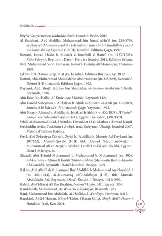 SOURCES
435
Birgivî Vasiyetnâmesi Kadızâde sharh, Istanbul: Bedir, 2009.
Al Boukhari, Abû Abdillah Muhammad bin Ismail al-Ju‫ދ‬fî (m. 256/870),
al-Jâmiұu’l-Musnadu’s-Sahîhu’l-Muhtasar min Umûri Rasûlillâh (s.a.v.)
wa Sunenihî wa Eyyâmih (I-VIII), Istanbul: Editions Çağrı, 1992.
Bursawî, Ismail Hakkı b. Mustafa al-Istanbûlî al-Hanefî (m. 1137/1725),
Rûhu’l-Beyân, Beyrouth : Dâru-l-Fikr, ts ; Istanbul 2011, Editions Erkam.
Bûtî, Muhammad Sa‘id Ramazan, Kubra’l-Yakîniyyâti’l-Kawniyya, Dammas
1997.
Çıktım Erik Dalına, prép. Suat Ak, Istanbul: Editions Büyüyen Ay, 2012.
Dârimî, Abû Muhammad Abdullah bin Abdirrahman (m. 255/869), Sunenu’d-
Dârimî (I-II), Istanbul: Editions Çağrı, 1992.
Daylamî, Abû Shujâ’ Shîrûye bin Shehridâr, al-Firdaws bi-Ma’sûri’l-Hitâb,
Beyrouth, 1986.
Abû Bakr Ibn Hallâl, Al-Kirâe inde-l-Kubûr, Beyrouth 1424.
Abû Dâwûd Suleyman b. Al-Esh‫ދ‬as b. Ishâk as-Sijistânî al-Azdî (m. 275/889),
Sunenu Abî Dâvud (I-V), Istanbul: Çağrı Yayınları, 1992.
Abû Nuaym Ahmad b. Abdillah b. Ishâk al-Isfahânî (m. 430/1038), Hilyatu’l-
Awliyâ wa Tabakātu’l-Asfiyâ (I-X), Egypte : As-Saâde, 1394/1974.
Erbilî, Muhammad Es‘ad, Mektûbât, Dersaâdet 1343, Matbaa-i Ahmad Kâmil.
Ferîduddîn Attâr, Tazkiratu-l-Awliyâ, trad. Suleyman Uludağ, Istanbul 2007,
Maison d’Edition Kabalcı.
Ferrâ, Abû Zekeriyya Yahyâ b. Ziyâd b. ‘Abdillâh b. Manzûr Ad-Daylamî (m.
207/822), Meâni’l-Qur’ân (I-III) thk. Ahmad Yûsuf an-Nejâtî -
Muhammad Ali an-Nejjâr – ‘Abdu-l-Fattâh Ismâ‘il Ash-Shelabî, Egypte :
Dâru-l-Misriyya, ts.
Ghazâlî, Abû Hâmid Muhammad b. Muhammad b. Muhammad (m. 505),
Ad-Durratu-l-Fâhira fî Kashfi ‘Ulûmi-l-Âhira (Mejmuatu Resâili-l-Imâm
Al-Ghazâlî), Beyrouth : Dâru’l-Kutubi’l-Ilmiyya, 1409.
Hâkim, Abû Abdillah Muhammad Ibn ‘Abdillah b. Muhammad An-Naysâbûrî
(m. 405/1014), Al-Mustadraq ale’s-Sahîhayn (I-IV), thk. Mustafa
Abdulkâdir Atâ, Beyrouth : Dâru’l-Kutubi-l-‘Ilmiyya, 1411/1990.
Halabî, Abû’l-Faraj Alî Ibn Ibrahim, Insânu’l-Uyûn, I-III, Egypte 1964.
Hamîdullâh, Muhammad, Al-Wasâiku s-Siyâsiyya, Beyrouth 1985.
Hânî, Muhammad bin Abdullah, Al-Hadâiqu’l-Wardiyya, Dammas, 1417.
Harakānî, Abû-l-Hassan, Nûru-l-‘Ulûm, (Hasan Çiftçi, Sheyh Abû’l-Hasan-i
Harakānî (r.a), Kars 2004.
 