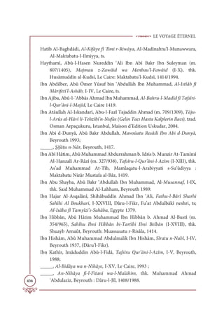 LE VOYAGE ÉTERNEL
436
Hatîb Al-Baghdâdî, Al-Kifâye fî ‘Ilmi r-Riwâya, Al-Madînahtu’l-Munawwara,
Al-Maktabatu-l-Ilmiyya, ts.
Haythamî, Abû-l-Hasen Nureddin ‘Ali Ibn Abî Bakr Ibn Suleyman (m.
807/1405), Majmau z-Zawâid wa Menbau’l-Fawâid (I-X), thk.
Husâmuddîn al-Kudsî, Le Caire: Maktabatu’l-Kudsî, 1414/1994.
Ibn Abdilber, Abû Ömer Yûsuf bin ‘Abdullâh Ibn Muhammad, Al-Istîâb fî
Mârifeti’l-Ashâb, I-IV, Le Caire, ts.
Ibn Ajîba, Abû-l-‘Abbâs Ahmad Ibn Muhammad, Al-Bahru-l-Madîd fî Tafsîri-
l-Qur’âni-l-Majîd, Le Caire 1419.
Ibn Atâullah Al-Iskandarî, Abu-l-Fazl Tajaddin Ahmad (m. 709/1309), Tâju-
l-Arûs al-Hâvî li-Tehzîbi’n-Nufûs (Gelin Tacı Hasta Kalplerin Ilacı), trad.
Osman Arpaçukuru, Istanbul, Maison d’Edition Uskudar, 2004.
Ibn Abi d-Dunyâ, Abû Bakr Abdullah, Mawsûatu Resâili Ibn Abi d-Dunyâ,
Beyrouth 1993;
_____, Sifâtu n-Nâr, Beyrouth, 1417.
Ibn Abî Hâtim, Abû Muhammad Abdurrahman b. Idris b. Munzir At-Tamîmî
Al-Hanzalî Ar-Râzî (m. 327/938), Tafsîru-l-Qur’âni-l-Azîm (I-XIII), thk.
As’ad Muhammad At-Tîb, Mamlaqatu-l-Arabiyyati s-Su‘ûdiyya :
Maktabatu Nizâr Mustafa al-Bâz, 1419.
Ibn Abu Shayba, Abû Bakr ‘Abdullah Ibn Muhammad, Al-Musannaf, I-IX,
thk. Said Muhammad Al-Lahham, Beyrouth 1989.
Ibn Hajar Al-Asqalânî, Shihâbuddîn Ahmad Ibn ‘Ali, Fathu-l-Bârî Sharhi
Sahîhi Al Boukhari, I-XXVIII, Dâru-l-Fikr, Fu’at Abdulbâkî neshri, ts;
Al-Isâba fî Tamyîzi’s-Sahâba, Egypte 1379.
Ibn Hibbân, Abû Hâtim Muhammad Ibn Hibbân b. Ahmad Al-Bustî (m.
354/965), Sahîhu Ibni Hibbân bi-Tartîbi Ibni Belbân (I-XVIII), thk.
Shuayb Arnaût, Beyrouth: Muassasatu r-Risâla, 1414.
Ibn Hishâm, Abû Muhammad Abdulmalik Ibn Hishâm, Sîratu n-Nabî, I-IV,
Beyrouth 1937, (Dâru’l-Fikr).
Ibn Kathîr, Imâduddin Abû-l-Fidâ, Tafsîru Qur’âni-l-Azîm, I-V, Beyrouth,
1988;
_____, Al-Bidâya wa n-Nihâye, I-XV, Le Caire, 1993 ;
_____, An-Nihâya fi-l-Fitani wa-l-Malâhim, thk. Muhammad Ahmad
‘Abdulaziz, Beyrouth : Dâru-l-Jîl, 1408/1988.
 