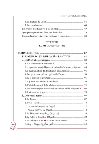 LE VOYAGE ÉTERNEL
442
6. La Lecture du Coran .................................................................... 166
7. Les condoléances.......................................................................... 168
Les erreurs effectuées vis-à-vis du mort ............................................. 169
Quelques superstitions liées aux funérailles....................................... 179
Erreurs dans les visites des cimetières et tombeaux.......................... 180
5ème
PARTIE
LA RÉSURRECTİON / 185
LA RÉSURRECTION ......................................................................... 187
LES SIGNES DU JOUR DE LA RÉSURRECTION ..................... 187
a) Les Petits et Moyens Signes ............................................................. 188
1. L’Avènement du Prophète r ..................................................... 189
2. Augmentation de l’Ignorance dans les Sciences religieuses... 189
3. L’augmentation des troubles et des assassinats........................ 191
4. Les gens incompétents qui ont la Parole ................................. 194
5. Le Temps se contractera :............................................................ 195
6. Il y aura une abondance de biens............................................... 195
7. L’affaiblissement de la salutation............................................... 196
8. Les autres Signes précurseurs annoncés par le Prophète r .. 196
9. Il viendra un temps….................................................................. 199
b) Les Grands Signes ............................................................................. 205
1. La Fumée ...................................................................................... 207
2. L’Antéchrist................................................................................... 210
Les caractéristiques du Dajjâl..................................................... 217
Pour se protéger du Dajjâl........................................................... 218
3. La Dabbatan al-Ard ( ƈ
ĂŽòƆ Ž
ŶÒ Ɔīƈ
žĨƃÙƪÖÒƆî)............................................. 220
4. Le Soleil se levant de l’Ouest....................................................... 222
5. La descente d’Isâ u – Jésus, fils de Marie............................... 224
6. Gog et Magog (ƇâĳƇäŽÉƆĨ ƆĲƇâĳƇäŽÉƆĺ)...................................................... 225
 