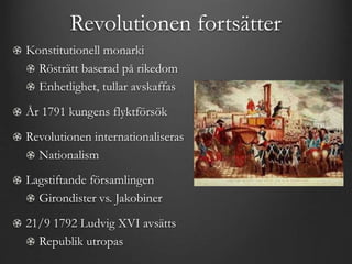 Revolutionen fortsätter 
Konstitutionell monarki 
Rösträtt baserad på rikedom 
Enhetlighet, tullar avskaffas 
År 1791 kungens flyktförsök 
Revolutionen internationaliseras 
Nationalism 
Lagstiftande församlingen 
Girondister vs. Jakobiner 
21/9 1792 Ludvig XVI avsätts 
Republik utropas 
 