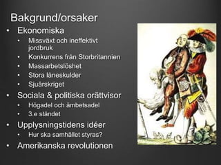 Bakgrund/orsaker 
• Ekonomiska 
• Missväxt och ineffektivt 
jordbruk 
• Konkurrens från Storbritannien 
• Massarbetslöshet 
• Stora låneskulder 
• Sjuårskriget 
• Sociala & politiska orättvisor 
• Högadel och ämbetsadel 
• 3.e ståndet 
• Upplysningstidens idéer 
• Hur ska samhället styras? 
• Amerikanska revolutionen 
 