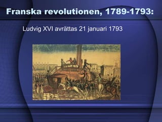 Franska revolutionen, 1789-1793:
Ludvig XVI avrättas 21 januari 1793
 