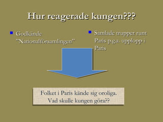 Hur reagerade kungen???
   Godkände                        Samlade trupper runt
    ”Nationalförsamlingen”           Paris p.g.a. upplopp i
                                     Paris




            Folket ii Paris kände sig oroliga.
            Folket Paris kände sig oroliga.
               Vad skulle kungen göra??
              Vad skulle kungen göra??
 