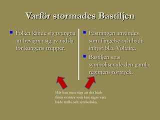 Varför stormades Bastiljen
   Folket kände sig tvungna            Fästningen användes
    att beväpna sig av rädsla            som fängelse och hade
    för kungens trupper.                 inhyst bl.a. Voltaire.
                                        Bastiljen s.a.s
                                         symboliserade den gamla
                                         regimens förtryck.


                    Här kan man säga att det både
                    finns orsaker som kan sägas vara
                    både reella och symboliska.
 