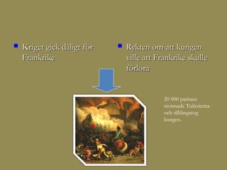   Kriget gick dåligt för      Rykten om att kungen
    Frankrike                    ville att Frankrike skulle
                                 förlora


                                             20 000 parisare
                                             stormade Tuilerierna
                                             och tillfångatog
                                             kungen.
 