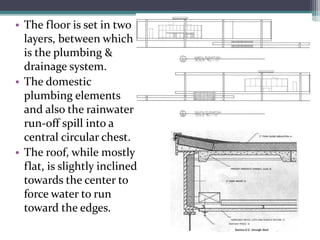 •The floor is set in two layers, between which is the plumbing & drainage system. 
•The domestic plumbing elements and also the rainwater run-off spill into a central circular chest. 
•The roof, while mostly flat, is slightly inclined towards the center to force water to run toward the edges.  