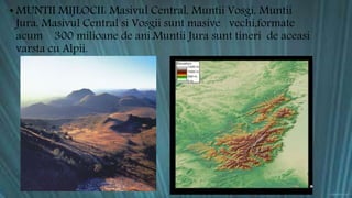 • MUNTII MIJLOCII: Masivul Central, Muntii Vosgi, Muntii 
Jura. Masivul Central si Vosgii sunt masive vechi,formate 
acum 300 milioane de ani.Muntii Jura sunt tineri de aceasi 
varsta cu Alpii. 
 