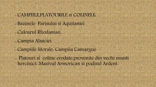  CAMPIILE,PLATOURILE si COLINELE: 
 Bazinele Parisului si Aquitaniei 
 Culoarul Rhodanian, 
 Campia Alsaciei. 
 Campiile litorale: Campiia Camargue 
 Platouri si coline erodate,provenite din vechi munti 
hercinici: Masivul Armorican si podisul Ardeni. 
 