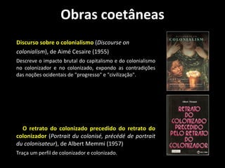 Obras coetâneas Discurso sobre o colonialismo  ( Discourse on  colonialism ), de Aimé Cesaire (1955) Descreve o impacto brutal do capitalismo e do colonialismo no colonizador e no colonizado, expondo as contradições das noções ocidentais de "progresso" e "civilização".  O retrato do colonizado precedido do retrato do colonizador  ( Portrait du colonisé, précédé de portrait du colonisateur ), de Albert Memmi (1957) Traça um perfil de colonizador e colonizado.  