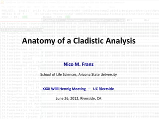 Anatomy of a Cladistic Analysis
Nico M. Franz
School of Life Sciences, Arizona State University

XXXI Willi Hennig Meeting – UC Riverside

June 26, 2012; Riverside, CA

 