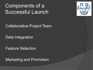 Components of a
Successful Launch

Collaborative Project Team

Data Integration

Feature Selection

Marketing and Promotion
 