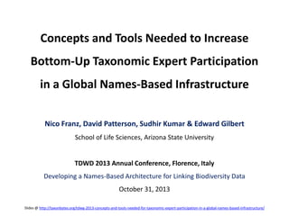 Concepts and Tools Needed to Increase
Bottom-Up Taxonomic Expert Participation
in a Global Names-Based Infrastructure
Nico Franz, David Patterson, Sudhir Kumar & Edward Gilbert
School of Life Sciences, Arizona State University

TDWD 2013 Annual Conference, Florence, Italy
Developing a Names-Based Architecture for Linking Biodiversity Data
October 31, 2013
Slides @ http://taxonbytes.org/tdwg-2013-concepts-and-tools-needed-for-taxonomic-expert-participation-in-a-global-names-based-infrastructure/

 