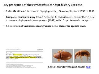Key properties of the Perelleschus concept history use case
• 6 classifications (3 taxonomic, 3 phylogenetic), 54 concepts...