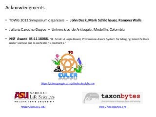 Acknowledgments
• TDWG 2013 Symposium organizers – John Deck, Mark Schildhauer, Ramona Walls
• Juliana Cardona-Duque – Uni...