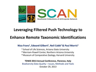Leveraging Filtered Push Technology to
Enhance Remote Taxonomic Identifications
Nico Franz1, Edward Gilbert1, Neil Cobb2 & Paul Morris3
1

School of Life Sciences, Arizona State University
2 Merriam-Powell Center, Northern Arizona University
3 Museum of Comparative Zoology, Harvard University
TDWD 2013 Annual Conference, Florence, Italy
Biodiversity Data Quality – Issues, Methods and Tools
October 29, 2013

 
