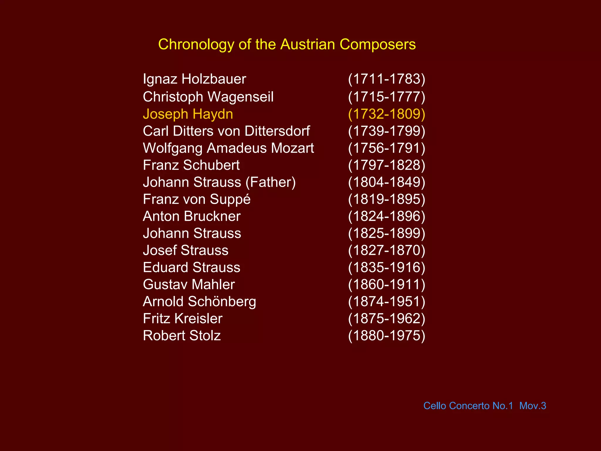 Chronology of the Austrian Composers
Ignaz Holzbauer (1711-1783)
Christoph Wagenseil (1715-1777)
Joseph Haydn (1732-1809)
Carl Ditters von Dittersdorf (1739-1799)
Wolfgang Amadeus Mozart (1756-1791)
Franz Schubert (1797-1828)
Johann Strauss (Father) (1804-1849)
Franz von Suppé (1819-1895)
Anton Bruckner (1824-1896)
Johann Strauss (1825-1899)
Josef Strauss (1827-1870)
Eduard Strauss (1835-1916)
Gustav Mahler (1860-1911)
Arnold Schönberg (1874-1951)
Fritz Kreisler (1875-1962)
Robert Stolz (1880-1975)
Cello Concerto No.1 Mov.3
 