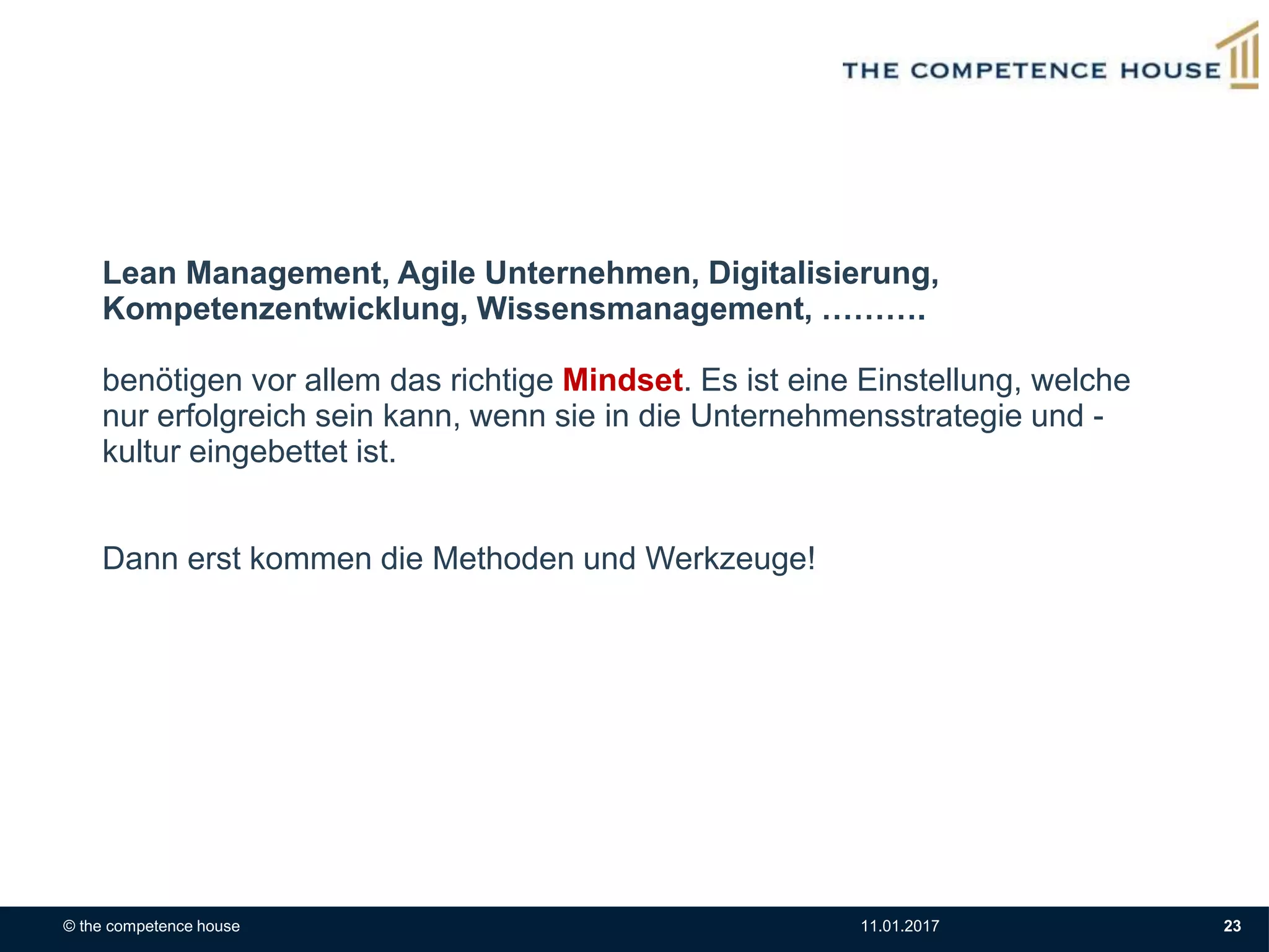 © the competence house 11.01.2017 23
Lean Management, Agile Unternehmen, Digitalisierung,
Kompetenzentwicklung, Wissensmanagement, ……….
benötigen vor allem das richtige Mindset. Es ist eine Einstellung, welche
nur erfolgreich sein kann, wenn sie in die Unternehmensstrategie und -
kultur eingebettet ist.
Dann erst kommen die Methoden und Werkzeuge!
 