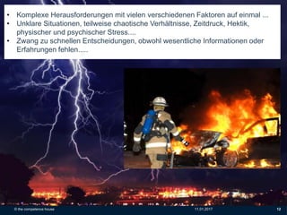 © the competence house 11.01.2017 12
• Komplexe Herausforderungen mit vielen verschiedenen Faktoren auf einmal ...
• Unklare Situationen, teilweise chaotische Verhältnisse, Zeitdruck, Hektik,
physischer und psychischer Stress....
• Zwang zu schnellen Entscheidungen, obwohl wesentliche Informationen oder
Erfahrungen fehlen.....
 