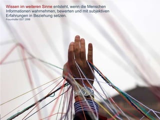 Wissen im weiteren Sinne entsteht, wenn die Menschen
Informationen wahrnehmen, bewerten und mit subjektiven
Erfahrungen in Beziehung setzen.
Fraunhofer ISST 1998
 