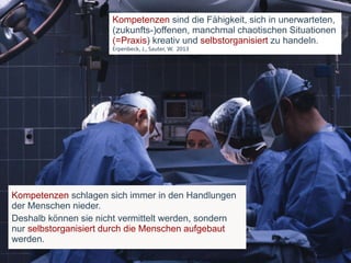 Kompetenzen sind die Fähigkeit, sich in unerwarteten,
(zukunfts-)offenen, manchmal chaotischen Situationen
(=Praxis) kreativ und selbstorganisiert zu handeln.
Erpenbeck, J., Sauter, W. 2013
Kompetenzen schlagen sich immer in den Handlungen
der Menschen nieder.
Deshalb können sie nicht vermittelt werden, sondern
nur selbstorganisiert durch die Menschen aufgebaut
werden.
 