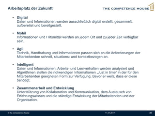 © the competence house 11.01.2017 25
Arbeitsplatz der Zukunft
• Digital
Daten und Informationen werden ausschließlich digital erstellt, gesammelt,
aufbereitet und bereitgestellt.
• Mobil
Informationen und Hilfsmittel werden an jedem Ort und zu jeder Zeit verfügbar
sein.
• Agil
Technik, Handhabung und Informationen passen sich an die Anforderungen der
Mitarbeitenden schnell, situations- und kontextbezogen an.
• Intelligent
Daten und Informationen, Arbeits- und Lernverhalten werden analysiert und
Algorithmen stellen die notwendigen Informationen „Just in time“ in der für den
Mitarbeitenden geeigneten Form zur Verfügung. Bevor er weiß, dass er diese
benötigt.
• Zusammenarbeit und Entwicklung
Unterstützung von Kollaboration und Kommunikation, dem Austausch von
Erfahrungswissen und die ständige Entwicklung der Mitarbeitenden und der
Organisation.
 
