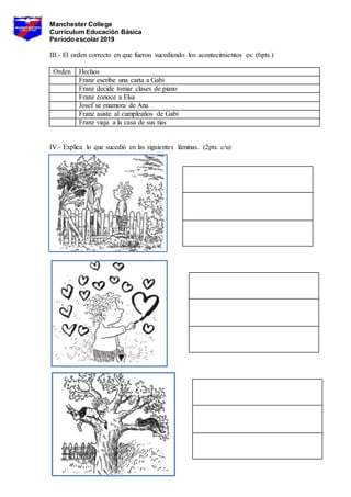 Manchester College
Currículum Educación Básica
Período escolar 2019
III.- El orden correcto en que fueron sucediendo los acontecimientos es: (6pts.)
Orden Hechos
Franz escribe una carta a Gabi
Franz decide tomar clases de piano
Franz conoce a Elsa
Josef se enamora de Ana
Franz asiste al cumpleaños de Gabi
Franz viaja a la casa de sus tías
IV.- Explica lo que sucedió en las siguientes láminas. (2pts. c/u)
 