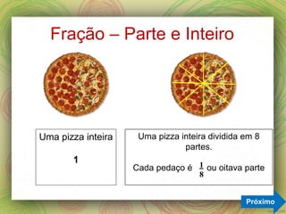 Fração – Parte e Inteiro
Uma pizza inteira
1 1
8
Próximo
Uma pizza inteira dividida em 8
partes.
Cada pedaço é ou oitava parte
 