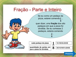 Fração - Parte e Inteiro
cada pedaço de pizza
quantidade de partes em
que a pizza foi dividida
NUMERADOR
DENOMINADOR
1
8
Próximo
Se eu como um pedaço da
pizza, estarei comendo ,
quer dizer, uma fração dos oito
pedaços em que a pizza foi
dividida. Se eu comesse 2
pedaços, estaria comendo
.
1
8
2
8
 