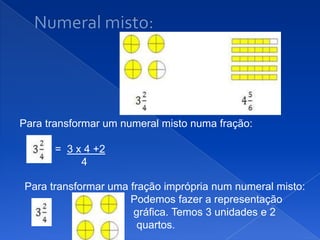 Para transformar um numeral misto numa fração:

      = 3 x 4 +2
           4

Para transformar uma fração imprópria num numeral misto:
                     Podemos fazer a representação
                      gráfica. Temos 3 unidades e 2
                       quartos.
 
