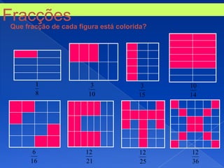 Fracções figura está colorida?
 Que fracção de cada




      1           3          3   10
      8          10         15   14




      6          12         12   12
     16          21         25   36
 