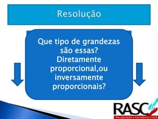 Tempo 
(Horas) 
Distância 
(Km) 
Que tipo de grandezas 
são essas? 
Diretamente 
proporcional,ou 
inversamente 
proporcionais? 
6 900 
8 X 
 