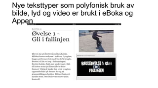 Nye teksttyper som polyfonisk bruk av
bilde, lyd og video er brukt i eBoka og
Appen

 