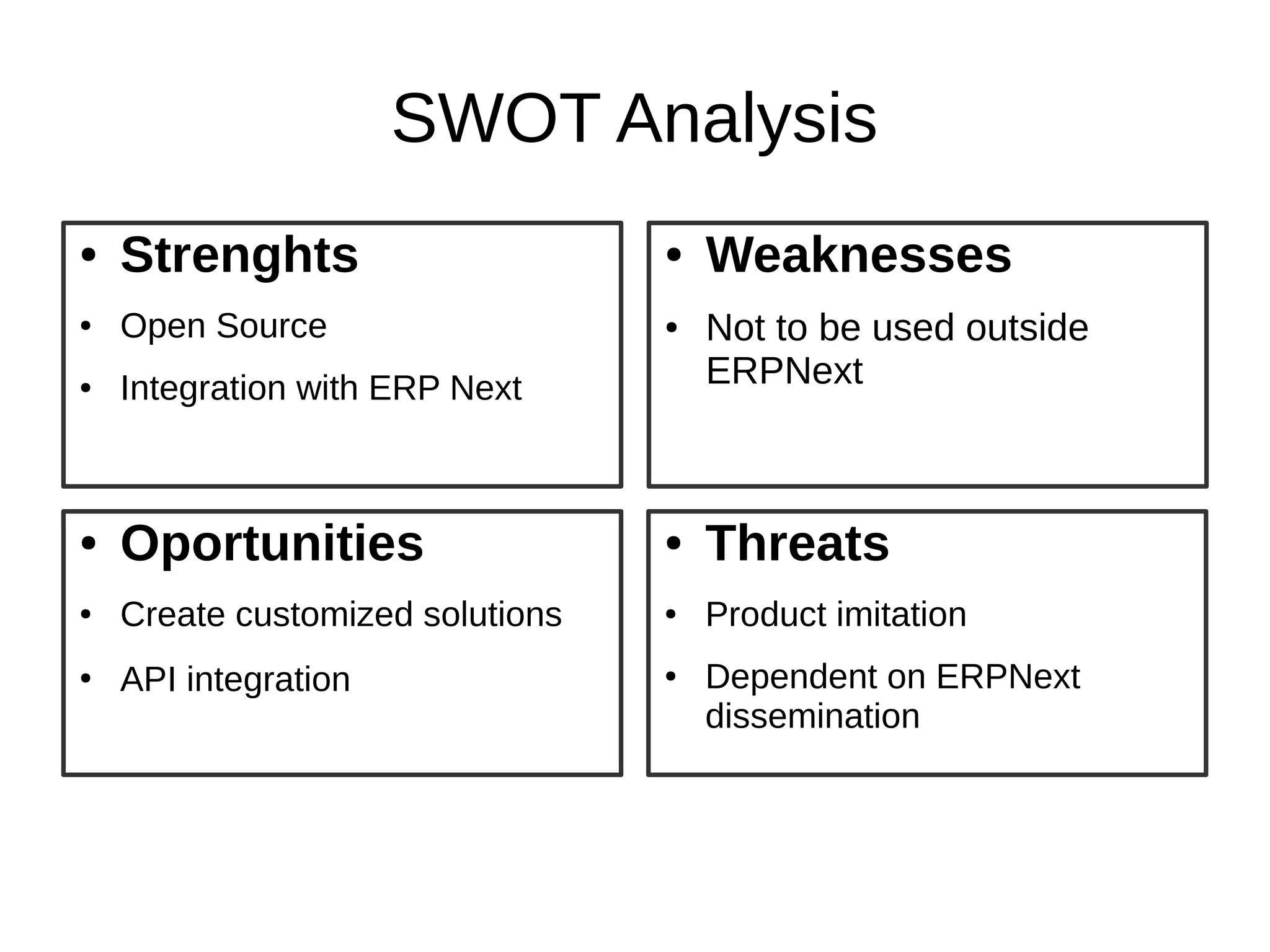 SWOT Analysis
● Strenghts
● Open Source
● Integration with ERP Next
● Weaknesses
● Not to be used outside
ERPNext
● Threats
● Product imitation
● Dependent on ERPNext
dissemination
● Oportunities
● Create customized solutions
●
API integration
 