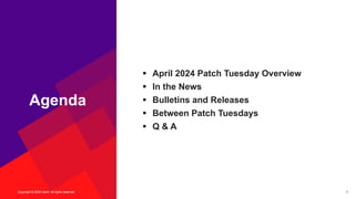 Copyright © 2024 Ivanti. All rights reserved. 2
Copyright © 2024 Ivanti. All rights reserved.
Agenda
§ April 2024 Patch Tuesday Overview
§ In the News
§ Bulletins and Releases
§ Between Patch Tuesdays
§ Q & A
 