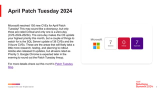 Copyright © 2024 Ivanti. All rights reserved. 3
April Patch Tuesday 2024
Microsoft resolved 150 new CVEs for April Patch
Tuesday! This may sound like a downpour, but only
three are rated Critical and only one is a Zero-day
(CVE-2024-26234). The zero-day makes the OS update
your highest priority this month, but a couple of things to
watch for is the SQL Server update of 38 CVEs and the
9 Azure CVEs. These are the areas that will likely take a
little more research, testing, and planning to rollout.
Adobe also released 9 updates, but all were rated as
Priority 3. Google Chrome is expected later in the
evening to round out the Patch Tuesday lineup.
For more details check out this month's Patch Tuesday
blog.
 