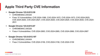 Copyright © 2024 Ivanti. All rights reserved. 33
Apple Third Party CVE Information
§ Google Chrome 123.0.6312.59
§ CHROMEMAC-240320
§ Fixes 10 Vulnerabilities: CVE-2024-1086, CVE-2024-1672, CVE-2024-1673, CVE-2024-2625,
CVE-2024-2626, CVE-2024-2627, CVE-2024-2628, CVE-2024-2629, CVE-2024-2630, CVE-2024-
2631
§ Google Chrome 123.0.6312.87
§ CHROMEMAC-240326
§ Fixes 4 Vulnerabilities: CVE-2024-2883, CVE-2024-2885, CVE-2024-2886, CVE-2024-2887
§ Google Chrome 123.0.6312.107
§ CHROMEMAC-240404
§ Fixes 3 Vulnerabilities: CVE-2024-3156, CVE-2024-3158, CVE-2024-3159
 
