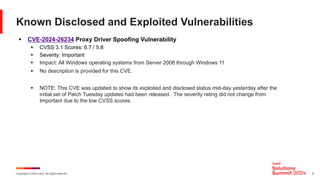 Copyright © 2024 Ivanti. All rights reserved. 9
Known Disclosed and Exploited Vulnerabilities
§ CVE-2024-26234 Proxy Driver Spoofing Vulnerability
§ CVSS 3.1 Scores: 6.7 / 5.8
§ Severity: Important
§ Impact: All Windows operating systems from Server 2008 through Windows 11
§ No description is provided for this CVE.
§ NOTE: This CVE was updated to show its exploited and disclosed status mid-day yesterday after the
initial set of Patch Tuesday updates had been released. The severity rating did not change from
Important due to the low CVSS scores.
 