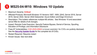 Copyright © 2025 Ivanti. All rights reserved. 26
MS25-04-W10: Windows 10 Update
▪ Maximum Severity: Critical
▪ Affected Products: Microsoft Windows 10 Versions 1607, 1809, 22H2, Server 2016, Server
2019, Server 2022, Server 2022 Datacenter: Azure Edition and Edge Chromium
▪ Description: This bulletin references multiple KB articles. See Windows 10 and associated
server KBs for details of all changes.
▪ Impact: Remote Code Execution, Security Feature Bypass, Denial of Service, Spoofing,
Elevation of Privilege, and Information Disclosure
▪ Fixes 87 Vulnerabilities: CVE-2025-29824 is known exploited. No CVEs are publicly disclosed.
See the Security Update Guide for the complete list of CVEs.
▪ Restart Required: Requires restart
▪ Known Issues: See next slide
1
 