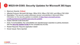 Copyright © 2025 Ivanti. All rights reserved. 30
▪ Maximum Severity: Critical
▪ Affected Products: Microsoft 365 Apps, Office 2019, Office LTSC 2021 and Office LTSC 2024
▪ Description: This security update addresses several vulnerabilities in Microsoft Office.
Information on the security updates is available at https://learn.microsoft.com/en-
us/officeupdates/microsoft365-apps-security-updates.
▪ Impact: Remote Code Execution
▪ Fixes 15 Vulnerabilities: No vulnerabilities are reported known exploited or publicly disclosed.
See the Security Update Guide for the complete list of CVEs
▪ Restart Required: Requires application restart
▪ Known Issues: None reported
MS25-04-O365: Security Updates for Microsoft 365 Apps
1
 