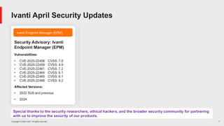 Copyright © 2025 Ivanti. All rights reserved. 7
Ivanti Endpoint Manager (EPM) Ivanti Neurons for MDM (N-MDM)
Security Advisory: Ivanti
Endpoint Manager (EPM)
Vulnerabilities:
• CVE-2025-22458 CVSS: 7.8
• CVE-2025-22459 CVSS: 4.9
• CVE-2025-22461 CVSS: 7.2
• CVE-2025-22464 CVSS: 6.1
• CVE-2025-22465 CVSS: 6.1
• CVE-2025-22466 CVSS: 8.2
Affected Versions:
• 2022 SU6 and previous
• 2024
Security Advisory: Ivanti
Neurons for MDM (N-MDM)
Ivanti April Security Updates
Vulnerability:
• An improper check for dropped
privileges allows a remote
authenticated attacker with admin
privileges to retain their session
• Does not meet the criteria for
reserving a CVE number
• CVSS: 6.7
Affected Versions:
• R110 and prior
Special thanks to the security researchers, ethical hackers, and the broader security community for partnering
with us to improve the security of our products.
 
