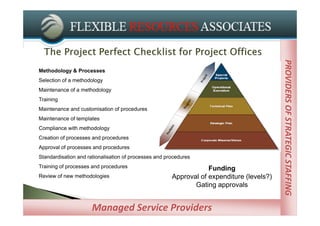 PROVIDERS OF STRATEGIC STAFFING
Methodology & Processes
Selection of a methodology
Maintenance of a methodology
Training
Maintenance and customisation of procedures
Maintenance of templates
Compliance with methodology
Creation of processes and procedures
Approval of processes and procedures
Standardisation and rationalisation of processes and procedures
Training of processes and procedures                               Funding
Review of new methodologies                            Approval of expenditure (levels?)
                                                              Gating approvals


                      Managed Service Providers
 