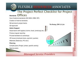 Standards




                                                              PROVIDERS OF STRATEGIC STAFFING
Use of external standards (ISO 9000, CMM, SPI)
Creation of internal standards
QA services to project teams
QA approvals
Admin Support
Assist teams with logistics (rooms, travel, photocopy etc.)
Produce regular reporting
Provide facilitators to workshops
HR issues (employee leave, payment, queries)
Materials (Stationary, PC's etc.)
Planning
Compile plans (Project, phase, specific activity)
Approve plans



                        Managed Service Providers
 