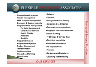 •Delivery
   Corporate restructuring
   Interim management           •Closeout




                                                                   PROVIDERS OF STRATEGIC STAFFING
   M&A pre/post management      •Management consultancy




                                                                     Managed Service Provider
   Business & System analysis   Corporate Due Diligence
   Program office management
                                 Corporate communications
     ◦ Portfolio Management
     ◦ Consultancy services      Supply of specialist resources
     ◦ Health Checks             Bench Marking
     ◦ Recovery
                                 IT Strategy & Service desk
     ◦ Start-Up
   Program Directors            Technical specialists
   Program Management           Business optimisation
   Project Management           Re organisations
   Transformation
                                 Finance
   Implementation
   Integration Planning         De-Mergers & Divestures
   Mobilisation                 Coaching and Mentoring

              Managed Service Providers
                  OUR SERVICES
 