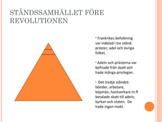 STÅNDSSAMHÄLLET FÖRE
REVOLUTIONEN
• Frankrikes befolkning
var indelad i tre stånd:
präster, adel och övriga
folket.
• Adeln och prästerna var
befriade från skatt och
hade många privilegier.
• Det tredje ståndet:
bönder, arbetare,
köpmän, hantverkare m.fl
betalade skatt till adeln,
kyrkan och staten. De
hade ingen makt.
 