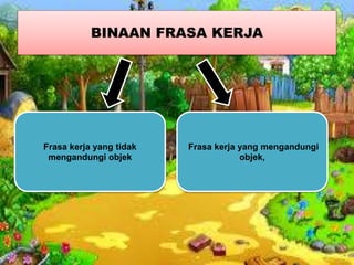 BINAAN FRASA KERJA
Frasa kerja yang tidak
mengandungi objek
Frasa kerja yang mengandungi
objek,
 