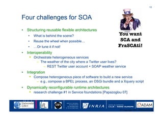 15	





Four challenges for SOA
•  Structuring reusable flexible architectures
    •     What is behind the scene?       ...