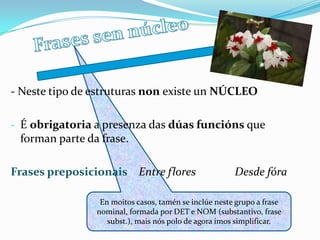 - Neste tipo de estruturas non existe un NÚCLEO

- É obrigatoria a presenza das dúas funcións que
 forman parte da frase.

Frases preposicionais Entre flores                     Desde fóra

                 En moitos casos, tamén se inclúe neste grupo a frase
                nominal, formada por DET e NOM (substantivo, frase
                   subst.), mais nós polo de agora imos simplificar.
 